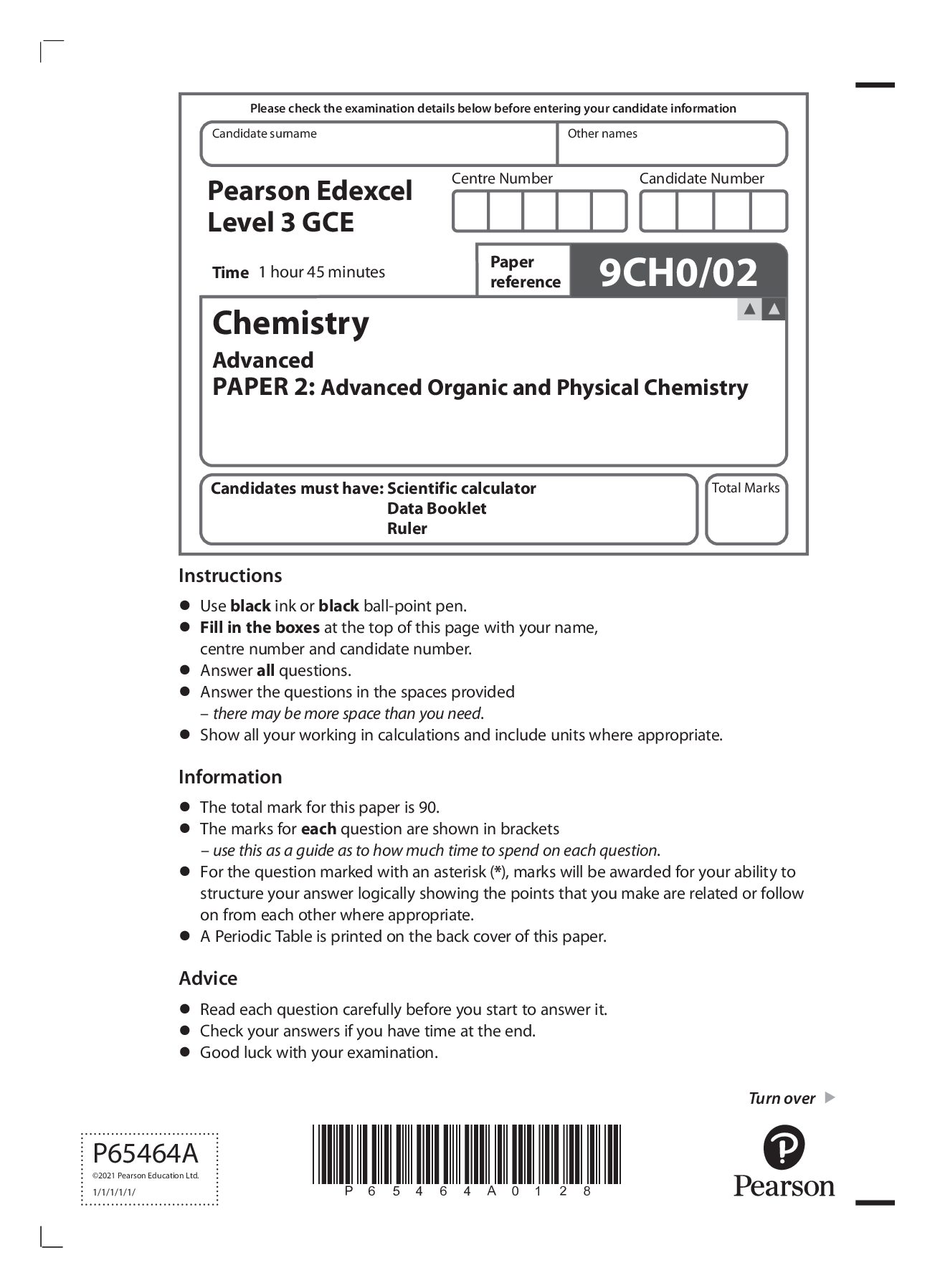 Preview of Pearson Edexcel GCE In Chemistry (9CH0) Paper 2: Advanced Organic and Physical Chemistry